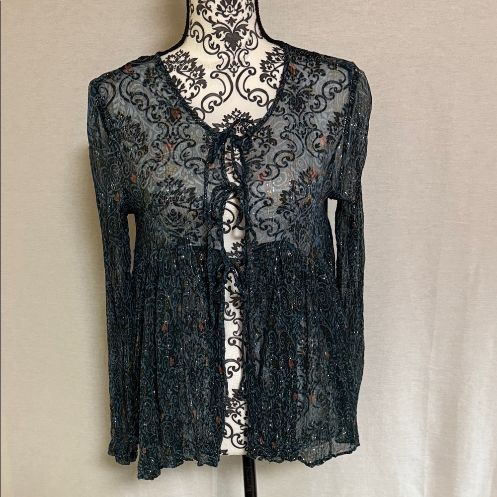 NATURAL LIFE Sheer Lace Tie up Blouse - Dark Blue Viscose with Metallic Yarn M/L